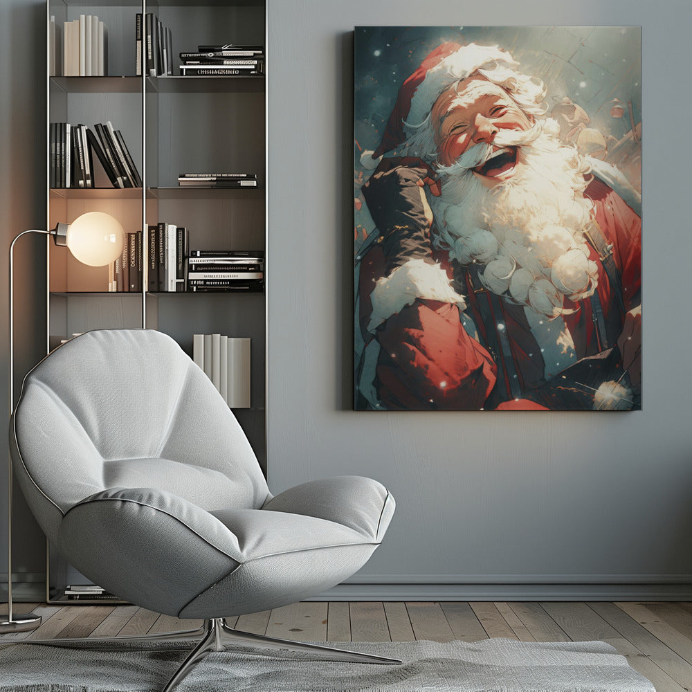 An anime-style illustration of Santa Claus laughing heartily, his head tilted back in joy. He has a full white beard and is wearing his iconic red suit and hat, set against a snowy, blurred background. Poster
