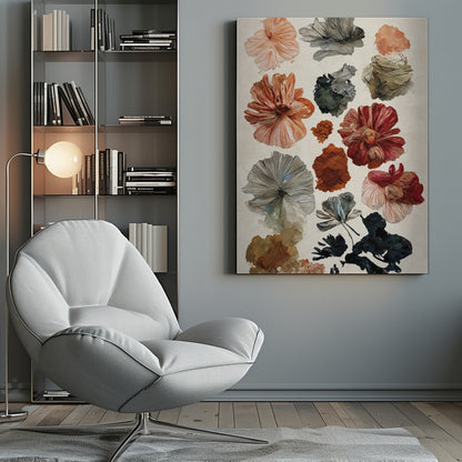 A framed art print displaying a collection of various flowers and petals on a cream-colored background. The flowers are in a painterly, illustrative style, with a muted color palette including terracotta, dusty rose, deep red, and shades of grey and charcoal. Poster