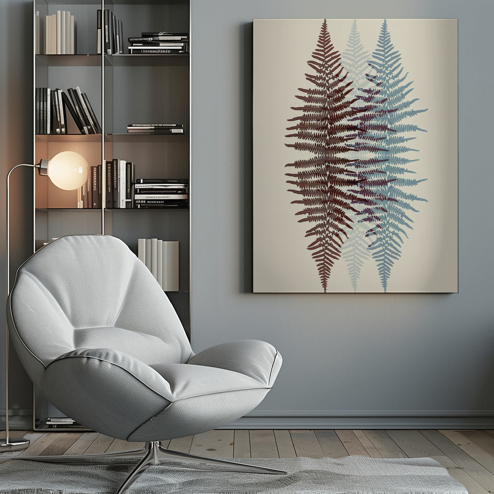 A modern botanical art print featuring three overlapping fern fronds against a cream background. The frond on the left is reddish-brown, the one on the right is blue, and a fainter blue frond is visible in the middle, creating a layered, translucent effect. The entire piece is enclosed in a simple black frame. Wall Art