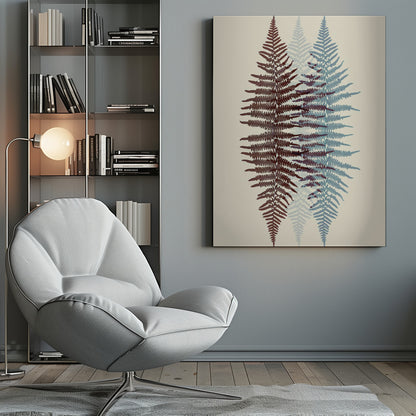A modern botanical art print featuring three overlapping fern fronds against a cream background. The frond on the left is reddish-brown, the one on the right is blue, and a fainter blue frond is visible in the middle, creating a layered, translucent effect. The entire piece is enclosed in a simple black frame. Wall Art
