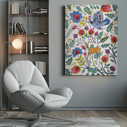 A vibrant, folk art-style illustration featuring a brown deer with large antlers and a blue patterned bird amidst a dense arrangement of colorful, stylized flowers and green leaves on a white background. Poster