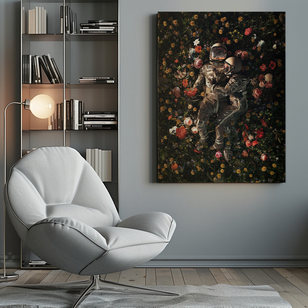 An overhead view of two astronauts in full gear, embracing each other while lying down in a lush, dark field filled with a vibrant array of colorful flowers. Wall Art