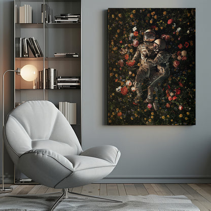 An overhead view of two astronauts in full gear, embracing each other while lying down in a lush, dark field filled with a vibrant array of colorful flowers. Wall Art