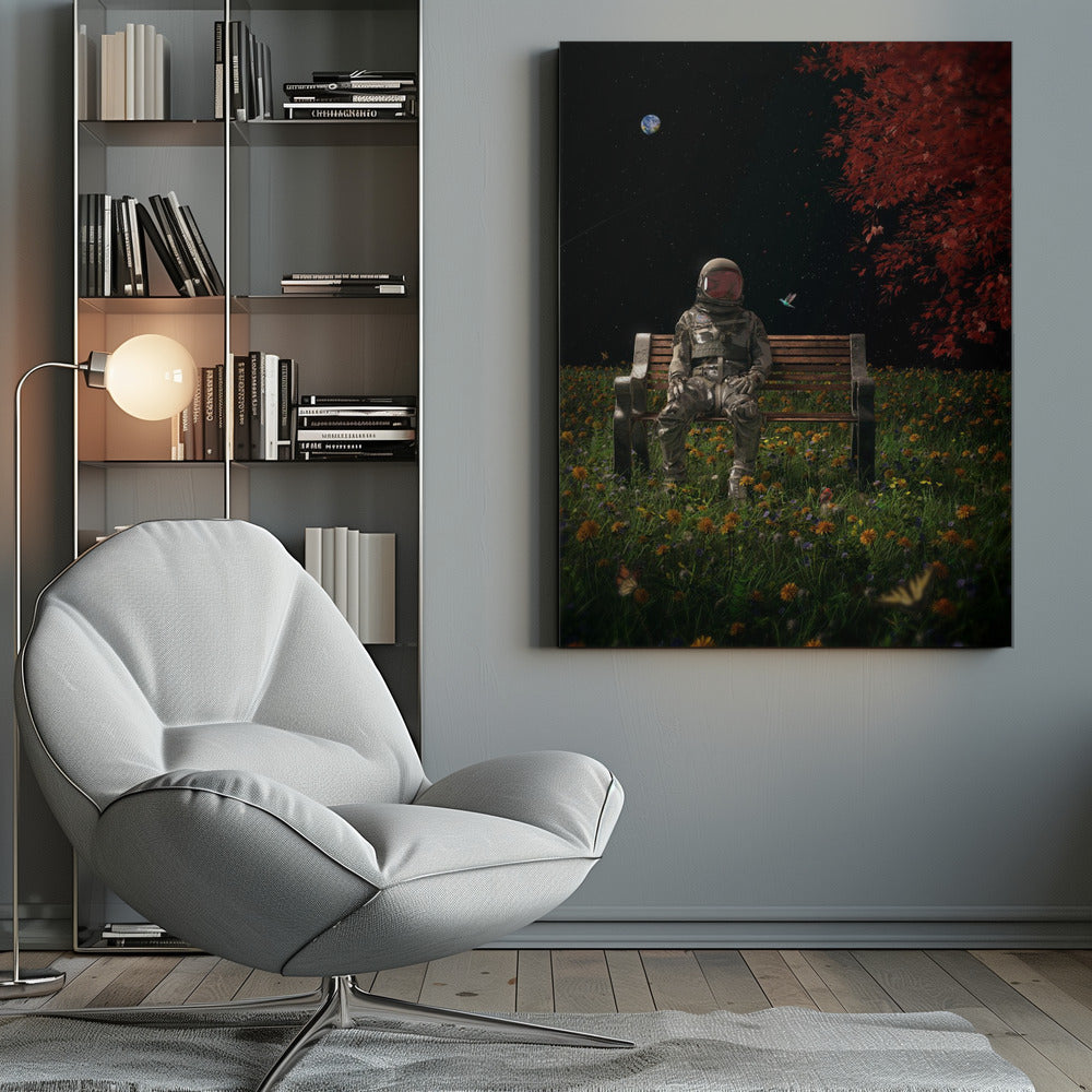 A surreal scene depicting an astronaut in a full spacesuit sitting alone on a wooden park bench in a vibrant field of wildflowers under a starry night sky. The planet Earth is visible in the distance, and a large tree with red leaves frames the right side of the image. Poster