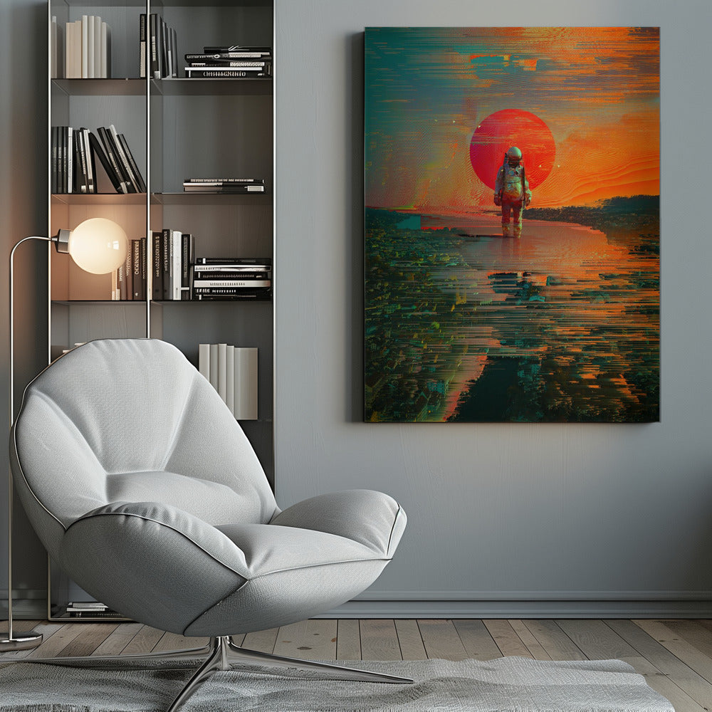 A surreal digital artwork of an astronaut standing in shallow water, with a giant red sun setting in the background against an orange and teal sky. The entire image has a heavy glitch-art effect, with horizontal streaks and pixel sorting that distorts the landscape and reflections. Print