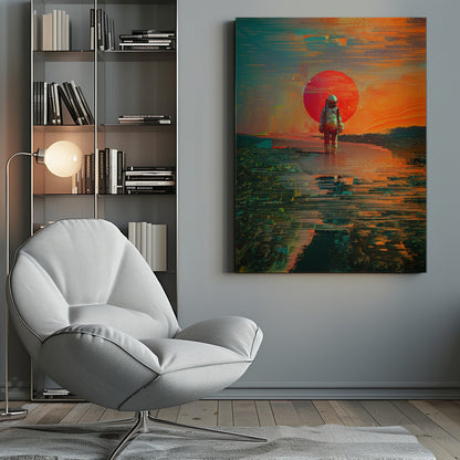 A surreal digital artwork of an astronaut standing in shallow water, with a giant red sun setting in the background against an orange and teal sky. The entire image has a heavy glitch-art effect, with horizontal streaks and pixel sorting that distorts the landscape and reflections. Print