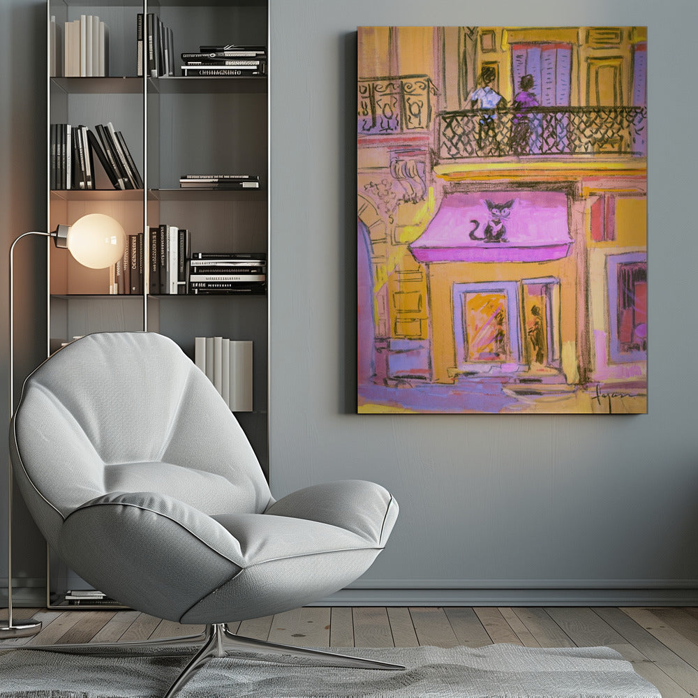 An impressionistic painting of a city street scene with a warm, yellow building. A stylized black cat with large eyes sits on a bright pink awning above a shop window. On the balcony above, two figures stand behind a black wrought-iron railing. Artwork