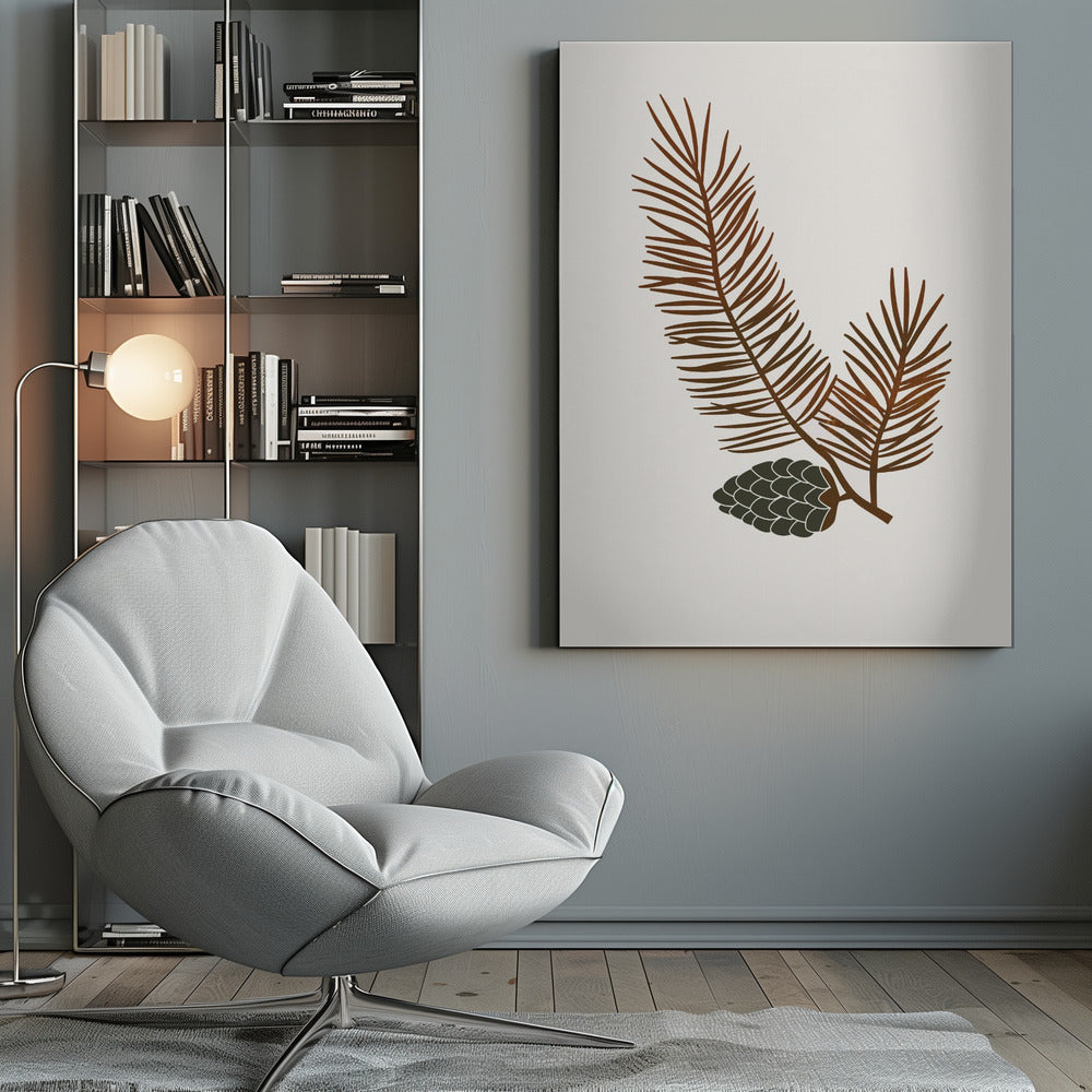 A minimalist art print of a stylized brown pine branch with needles and a dark green pinecone against an off-white background, all within a simple black frame. Wall Art