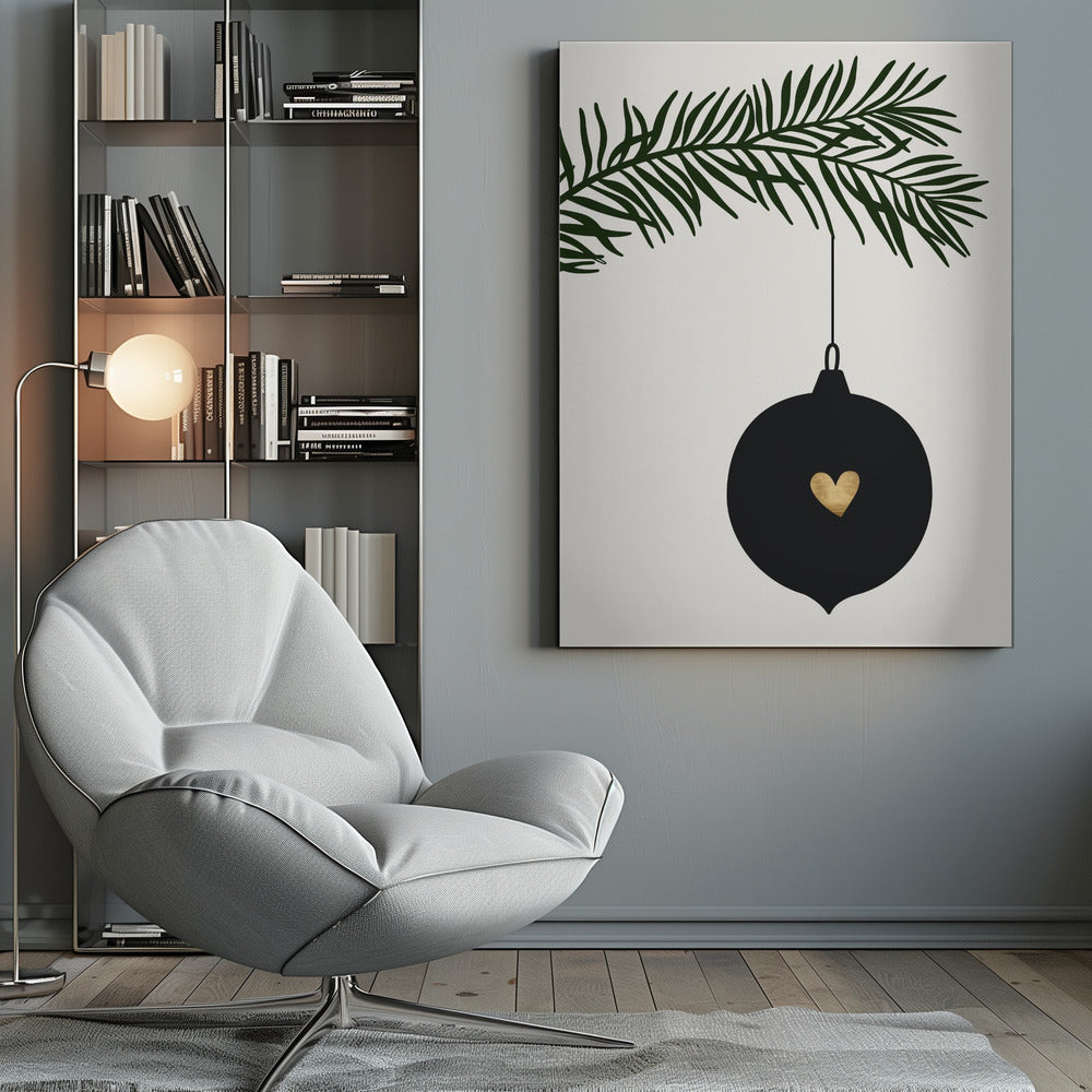 A minimalist digital illustration of a black Christmas ornament with a small gold heart in the center, hanging from a dark green pine branch against a cream-colored background, all enclosed in a thin black frame. Artwork