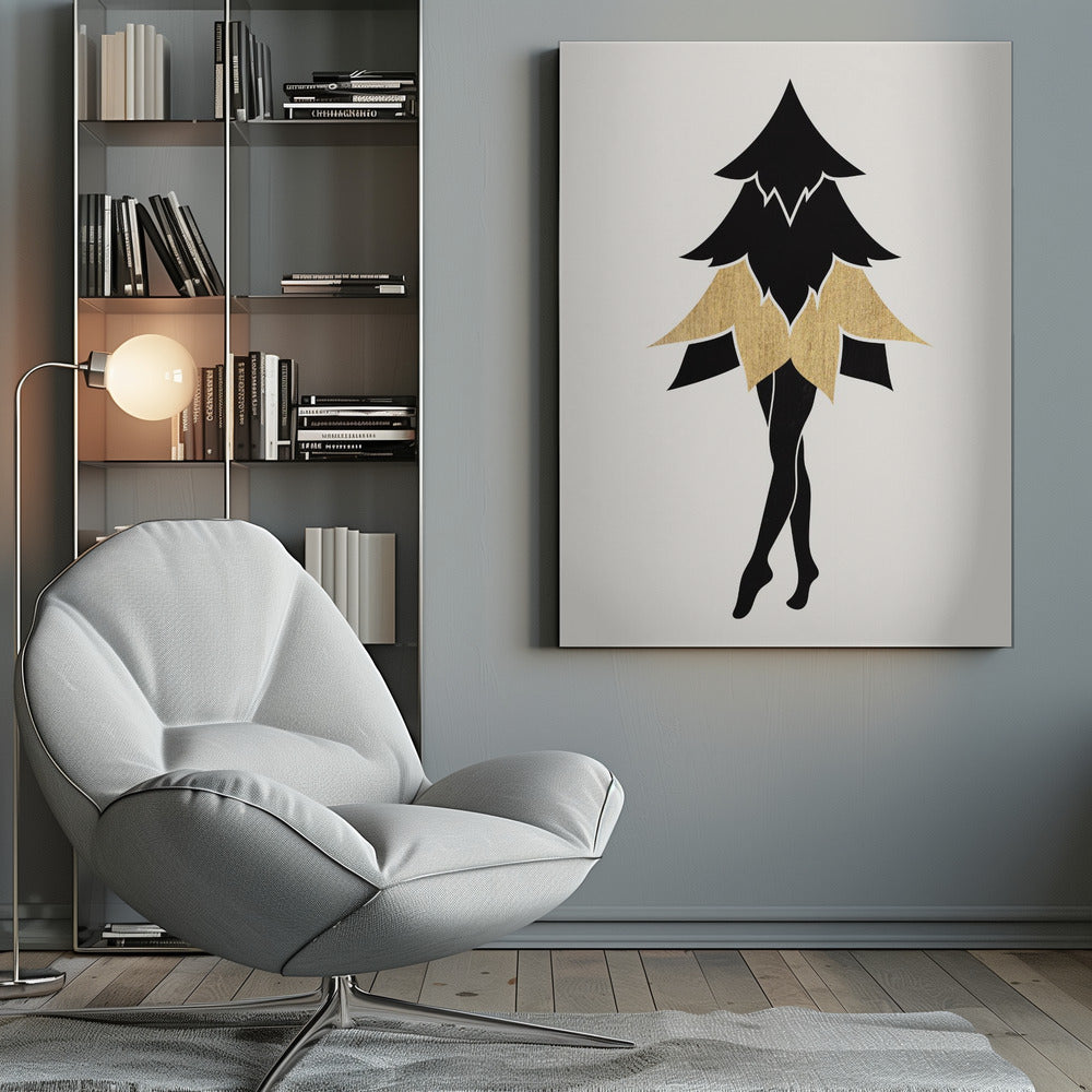A minimalist framed illustration of a surreal figure with the top of a black fir tree as its torso and head, a gold leaf-like skirt, and slender black human legs posed on tiptoe against a white background. Poster