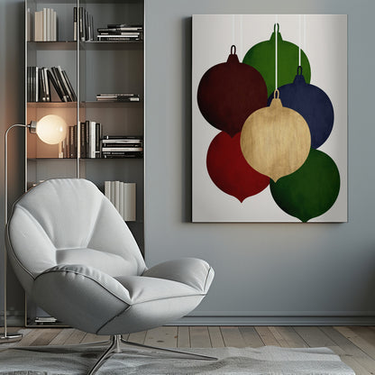 A modern art print showing a collection of six colorful Christmas ornaments in shades of red, green, blue, and gold, hanging against a plain off-white background. Decor