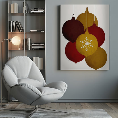 A minimalist illustration of five hanging Christmas ornaments in warm tones of gold, red, and brown. One central gold ornament is detailed with a white snowflake design against an off-white background. Artwork