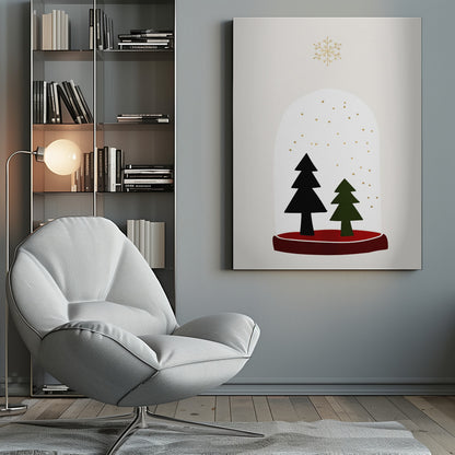 A minimalist illustration of a snow globe against an off-white background. Inside the globe are two simple evergreen trees, one black and one green, with gold dots falling like snow. The globe has a red base, and a single large gold snowflake floats above it. The artwork is enclosed in a thin black frame. Decor