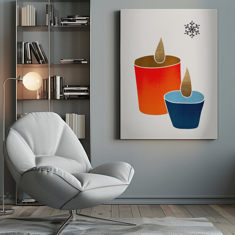 A minimalist illustration of two stylized candles, one large and red-orange, the other small and blue, both with gold flames. A single black snowflake is in the top right corner against an off-white background, all within a black frame. Poster