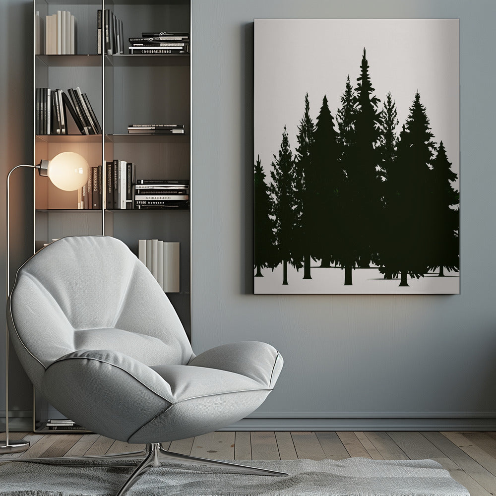 A minimalist framed artwork featuring a dense forest of evergreen trees rendered as dark green silhouettes against a plain, off-white background. Artwork