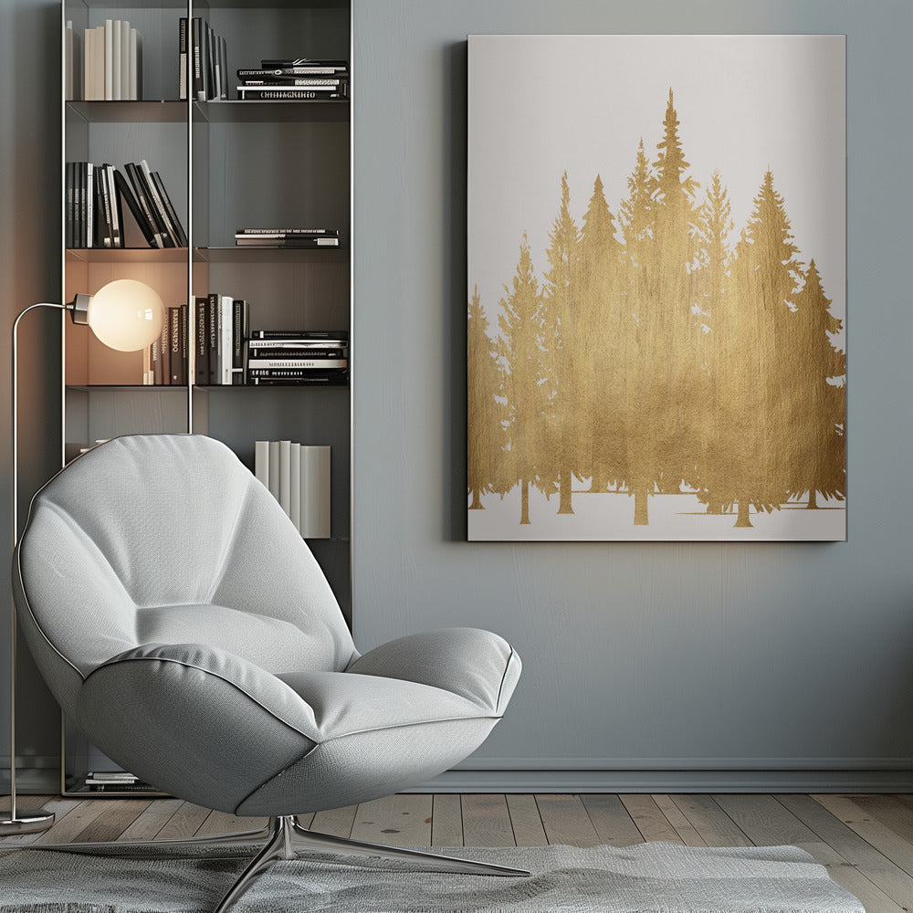 A framed piece of art featuring silhouettes of a pine tree forest in a textured, metallic gold finish against a clean white background, enclosed in a simple black frame. Poster
