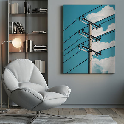 A low-angle photograph of a concrete utility pole with black power lines stretching diagonally across the frame against a vibrant blue sky with fluffy white clouds. Decor