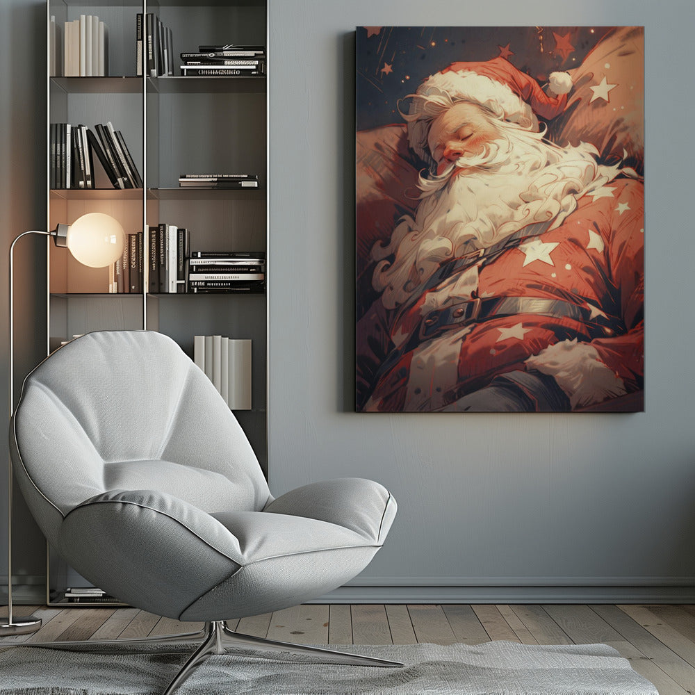 A stylized illustration of Santa Claus sleeping soundly. He wears his classic red suit with white stars and a matching hat, his head resting on a pillow. The background is a dark blue night sky filled with stars, creating a peaceful, festive atmosphere. Decor