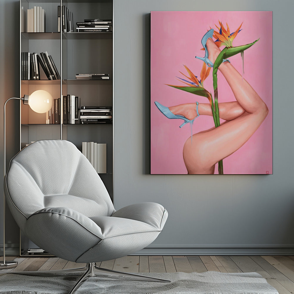 A surrealist painting of a woman's legs and a Bird of Paradise flower against a vibrant pink background. The legs, wearing light blue high heels, are wrapped around the flower's green stalk. Blue liquid drips from the shoes, adding to the dreamlike quality of the artwork. Wall Art