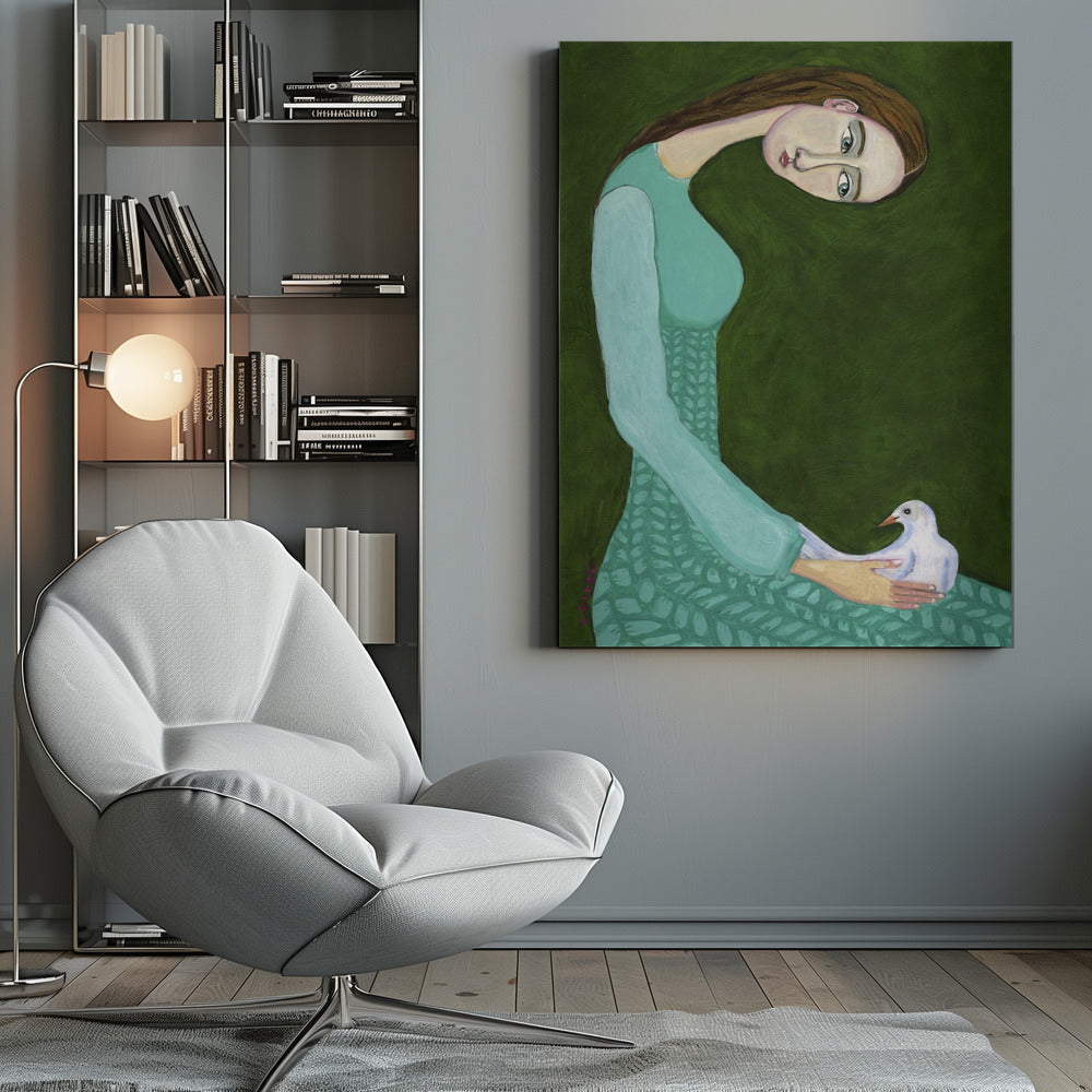 A stylized painting of a woman with a long, gracefully curved neck and brown hair against a dark olive green background. She is wearing a patterned teal dress and looking directly at the viewer while gently cradling a white dove in her hands. Artwork