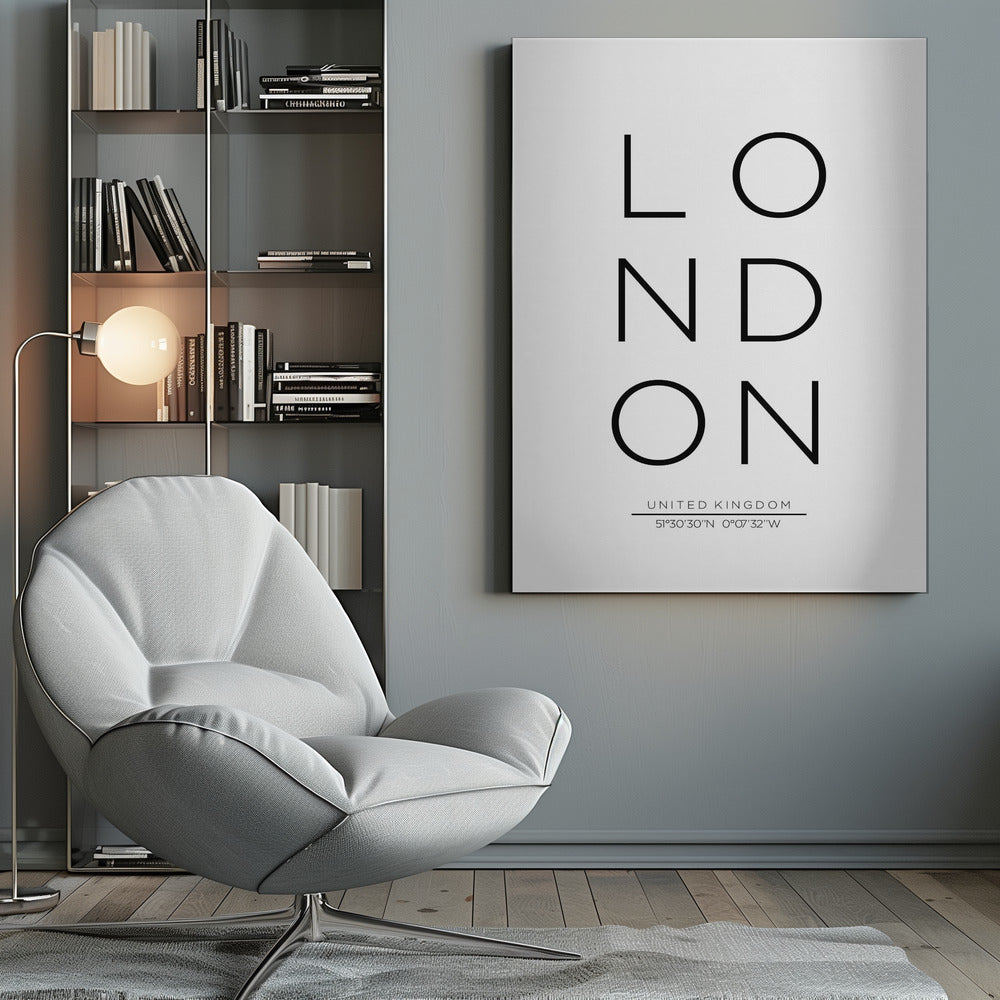A minimalist black and white typographic poster featuring the word 'LONDON' arranged vertically in a modern sans-serif font. Below the city name, it displays 'UNITED KINGDOM' and its geographic coordinates, all enclosed within a thin black frame. Poster