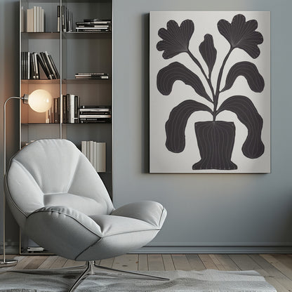 A modern black and white illustration of a stylized plant in a pot against an off-white background. The plant features large, drooping leaves and two fan-like flowers at the top. The entire black silhouette is detailed with fine, light-colored lines giving it texture and a sense of veining. Wall Art