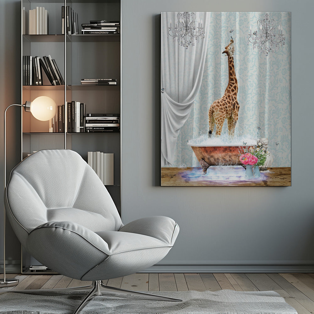 A surreal and whimsical artwork of a giraffe standing in a vintage clawfoot bathtub filled with bubbles. The bathroom is elegant, featuring light blue damask wallpaper, two crystal chandeliers, and a flowing white curtain. Butterflies flutter around the giraffe and a vase of pink and white flowers sits beside the tub. Artwork