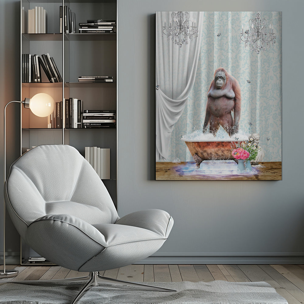 A surreal and whimsical artwork of an orangutan standing in a bubbly, vintage clawfoot bathtub inside a lavishly decorated bathroom with crystal chandeliers, light blue damask wallpaper, and elegant white curtains. Poster