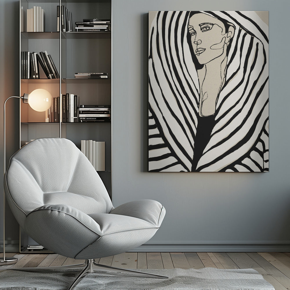 A modern, framed line art portrait of a woman. Her face is rendered in simple black outlines on a beige background, and she is wrapped in a voluminous garment with bold, graphic black and off-white stripes, creating a zebra-like pattern. Wall Art