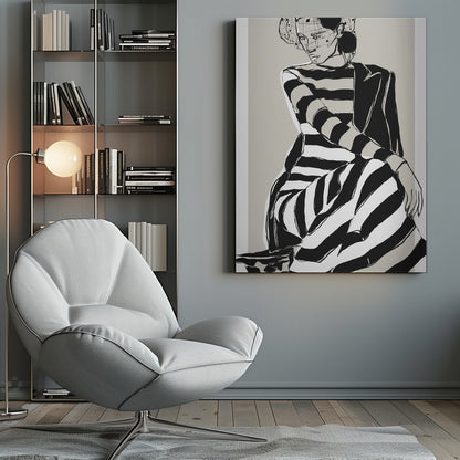 A modern, graphic illustration of a woman in a black and white striped dress and a black blazer. She sits with a pensive expression, wearing a stylish hat with a veil, against a neutral beige background. Wall Art
