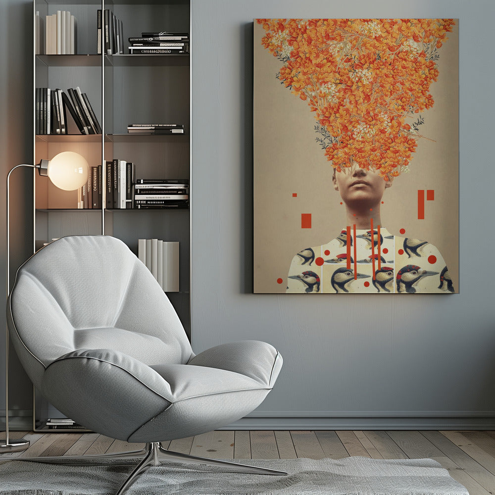 A surrealist collage featuring a portrait of a person whose head is replaced by an explosive bouquet of vibrant orange flowers. The person is wearing a shirt patterned with vintage illustrations of woodpeckers, and the composition is set against a neutral beige background with abstract red geometric shapes. Wall Art
