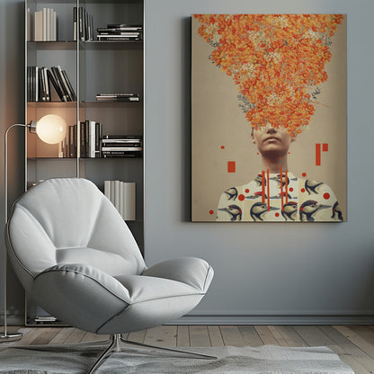 A surrealist collage featuring a portrait of a person whose head is replaced by an explosive bouquet of vibrant orange flowers. The person is wearing a shirt patterned with vintage illustrations of woodpeckers, and the composition is set against a neutral beige background with abstract red geometric shapes. Wall Art