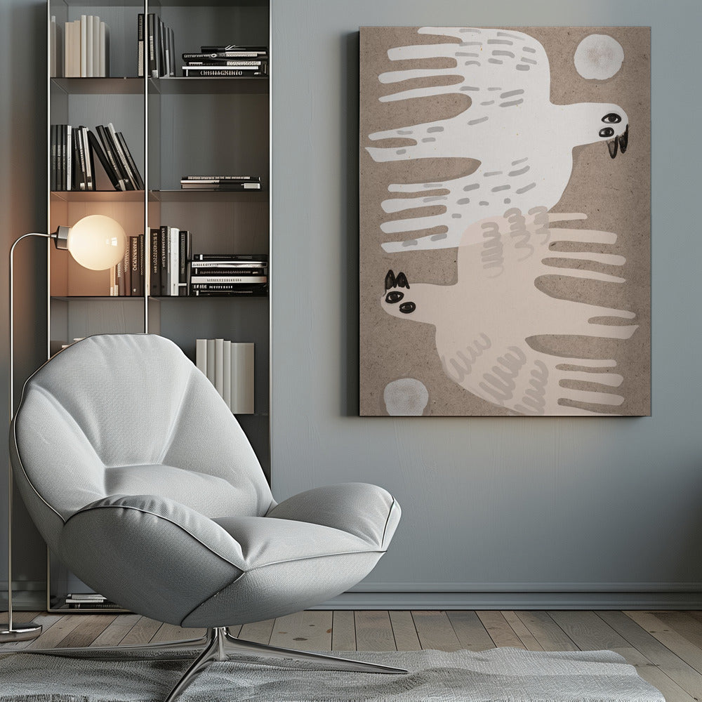A framed folk-art style illustration featuring two stylized birds on a textured beige background. An off-white bird flies to the right at the top, and a pale pink bird flies to the left at the bottom, with small white circles in the corners. Decor