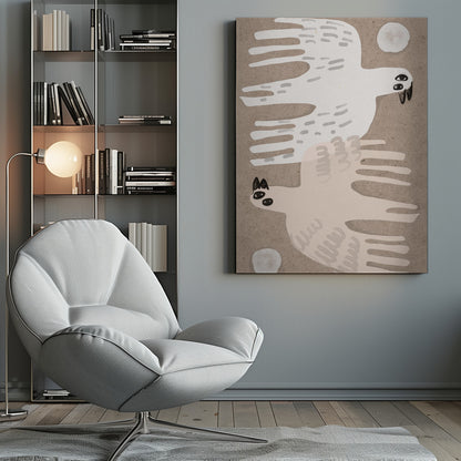 A framed folk-art style illustration featuring two stylized birds on a textured beige background. An off-white bird flies to the right at the top, and a pale pink bird flies to the left at the bottom, with small white circles in the corners. Decor