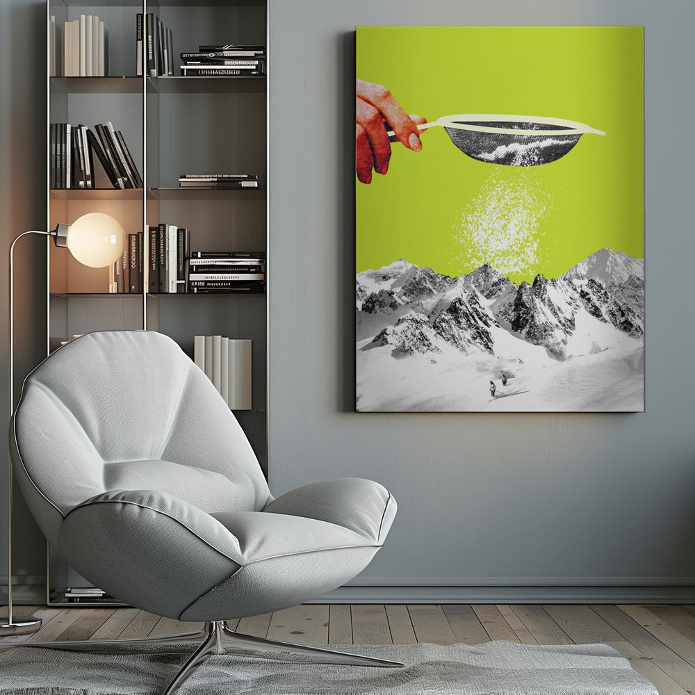 A surrealist pop art collage featuring a hand sifting snow from a sieve onto a black and white photograph of a snowy mountain range with skiers, all set against a vibrant lime green background. Artwork