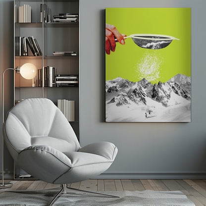 A surrealist pop art collage featuring a hand sifting snow from a sieve onto a black and white photograph of a snowy mountain range with skiers, all set against a vibrant lime green background. Artwork