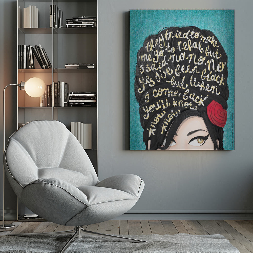 A stylized pop art illustration of Amy Winehouse against a textured teal background. Lyrics from her song 'Rehab' are written in cream-colored script across her signature black beehive hairdo. A single red rose adorns her hair, and her iconic winged eyeliner and hazel eyes are visible. Decor