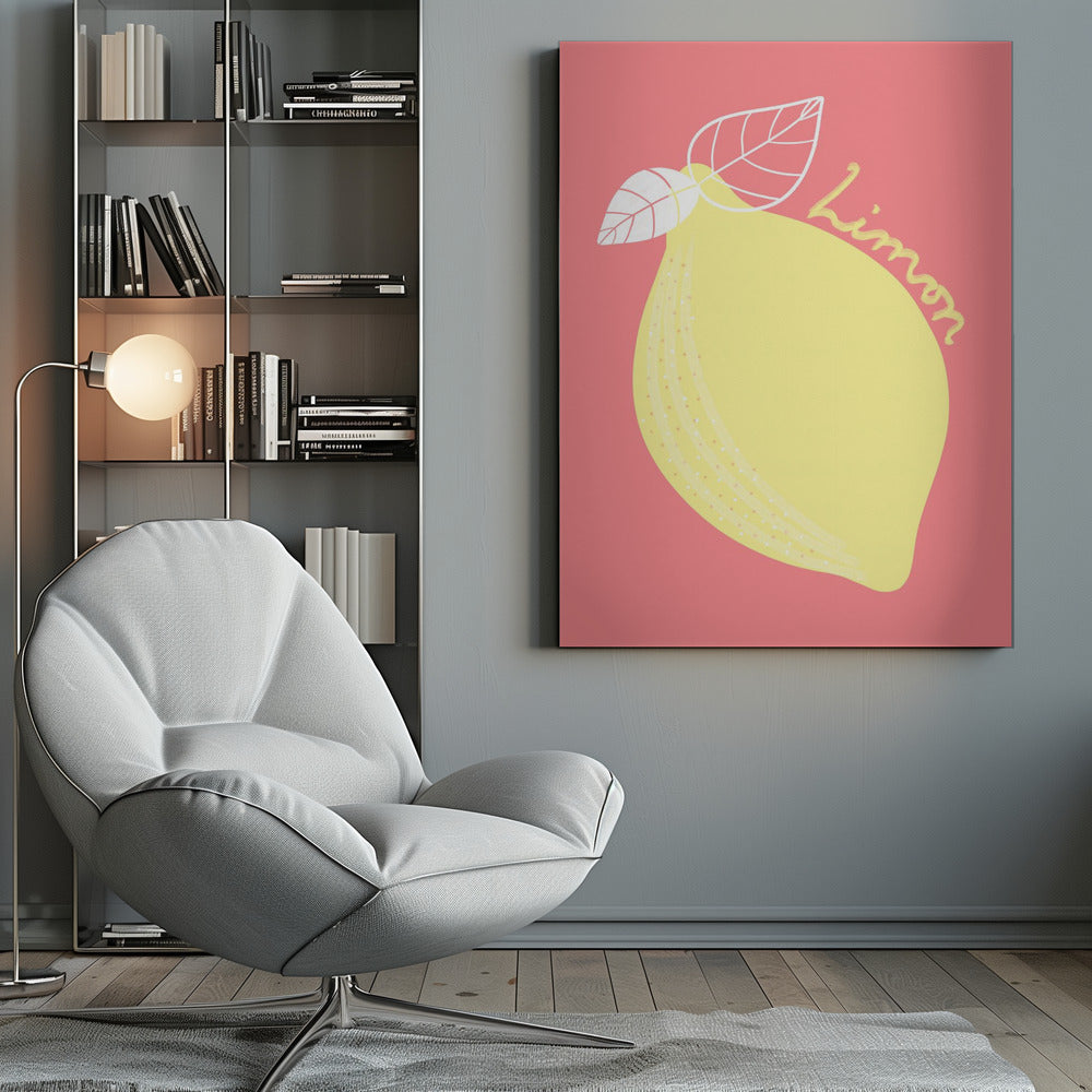 A stylized illustration of a large yellow lemon on a solid pink background. The lemon has two white-outlined leaves, and the word 'Limon' is written in cursive script across the fruit. The artwork is enclosed in a thin black frame. Print