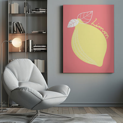 A stylized illustration of a large yellow lemon on a solid pink background. The lemon has two white-outlined leaves, and the word 'Limon' is written in cursive script across the fruit. The artwork is enclosed in a thin black frame. Print