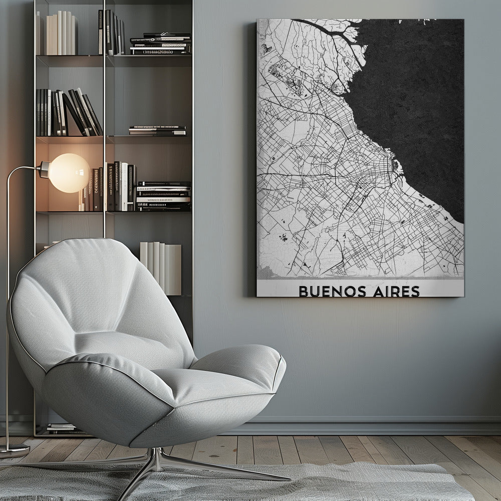A minimalist black and white map of Buenos Aires, presented as a poster in a black frame. The city's roads and geography are detailed in black lines on a white background, while the adjacent body of water is solid black. The text 'BUENOS AIRES' is displayed at the bottom. Wall Art