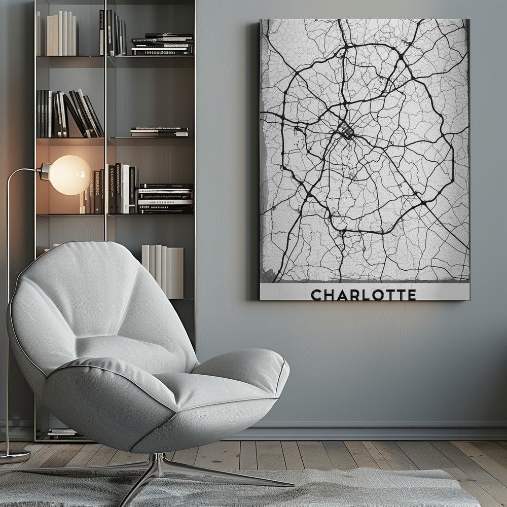 A minimalist black and white street map of Charlotte, North Carolina. The map highlights the major roads and highways as thick black lines on a distressed, crackled white background. The artwork is framed in black with the word 'CHARLOTTE' printed in bold capital letters at the bottom. Poster