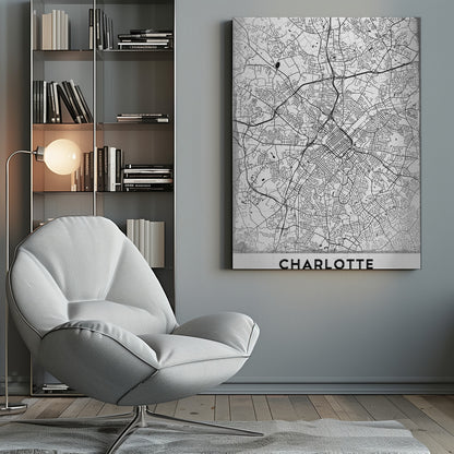 A minimalist black and white map of Charlotte, North Carolina, displayed in a black frame. The map details the intricate network of city streets and highways. At the bottom, a white banner features the city's name 'CHARLOTTE' in a bold, black, sans-serif font. Poster