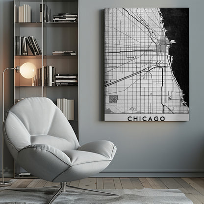 A minimalist black and white map of Chicago, featuring a grid street layout, major thoroughfares, and the shoreline of Lake Michigan. The map has a subtle crackled texture, is enclosed in a black frame, and has the word 'CHICAGO' in capital letters at the bottom. Decor