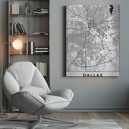 A minimalist black and white street map of Dallas, Texas, presented vertically in a black frame. The intricate network of roads and highways is depicted in black lines on a light gray, textured background, with the city's name 'DALLAS' in bold capital letters at the bottom. Poster