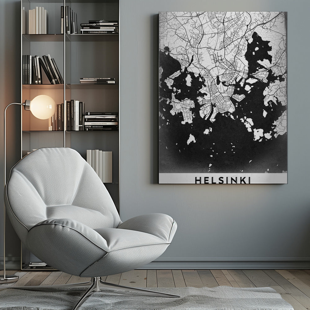 A modern black and white map of Helsinki, Finland, presented in a black frame. The city's street grid is detailed in white lines on a textured black background representing the water, creating a high-contrast, minimalist design. The name 'HELSINKI' is printed in bold capital letters at the bottom on a white banner. Artwork