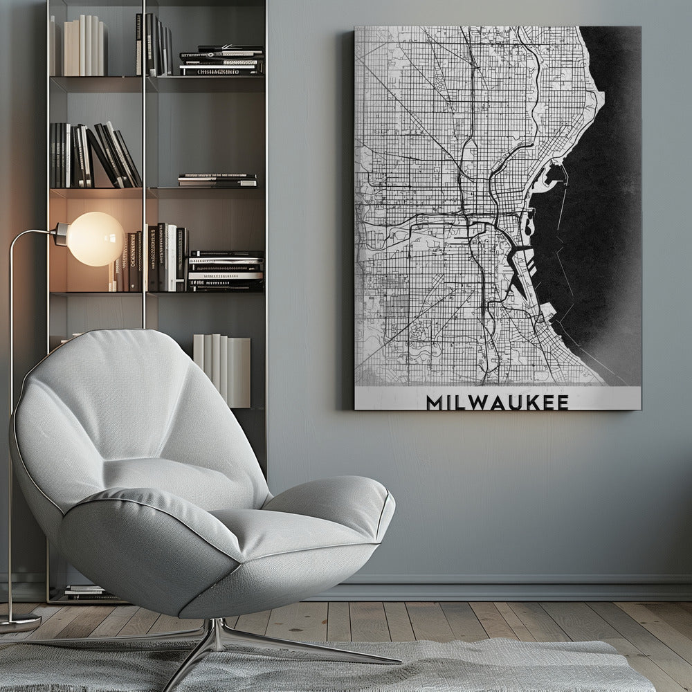 A minimalist, black and white street map of Milwaukee, displayed in a black frame. The map details the city's grid system, major roads, and waterways against a textured background, with the word 'MILWAUKEE' in a bold, sans-serif font at the bottom. Poster
