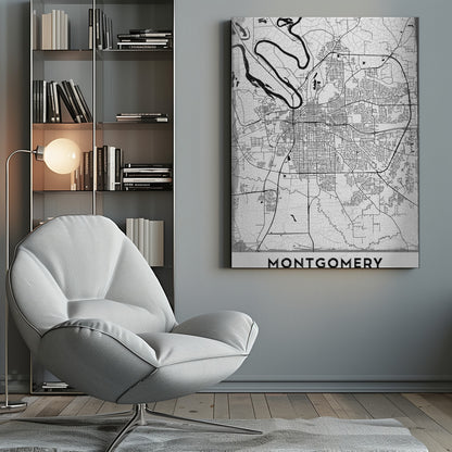 A minimalist black and white street map poster of Montgomery. The design features black lines for roads and a prominent river on a textured white background, all enclosed in a simple black frame. The city's name, 'MONTGOMERY', is displayed at the bottom. Wall Art