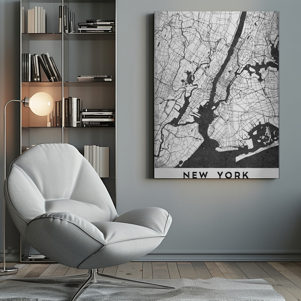 A minimalist black and white map of New York City. The land is depicted in white with a network of black lines for streets, while the rivers and bay are solid black. The artwork is enclosed in a thin black frame, and at the bottom, a white border contains the text 'NEW YORK' in a bold, black, sans-serif font. Wall Art