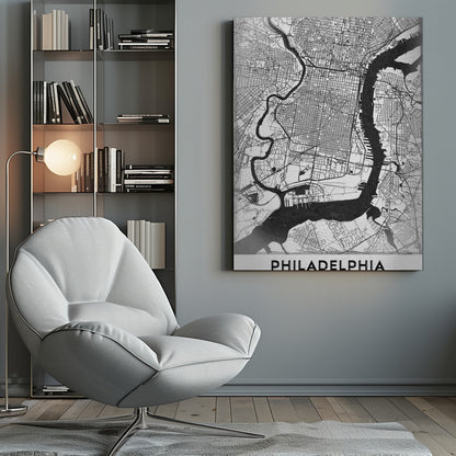 A modern black and white framed poster of a city map of Philadelphia. The map details the street grid, with the Schuylkill and Delaware rivers prominently featured in solid black. The word 'PHILADELPHIA' is printed in a bold, black sans-serif font at the bottom. Artwork