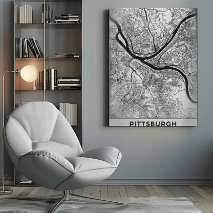 A minimalist black and white map of Pittsburgh, Pennsylvania, in a black frame. The map details the city's streets and the confluence of the Allegheny, Monongahela, and Ohio rivers. The word 'PITTSBURGH' is printed in a bold, sans-serif font at the bottom. Decor